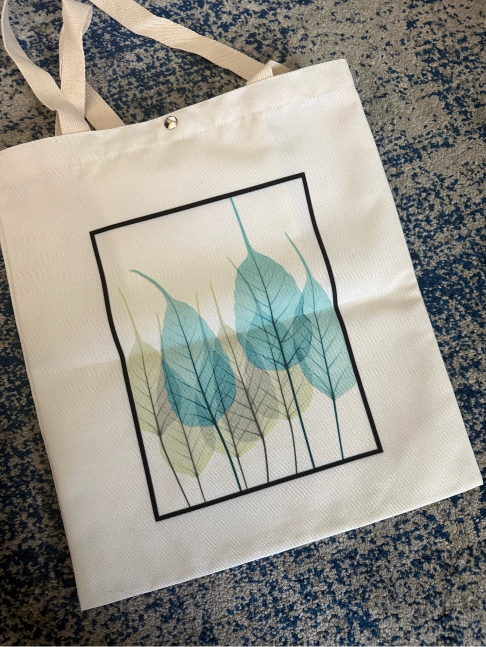 Canvas Tote Bag with Blue and Sage Leaf Print-NWT